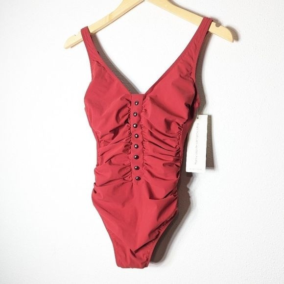 Gottex Red One Piece Swim Suit Ruched Studded Maillot size 6 NWT - Picture 2 of 12